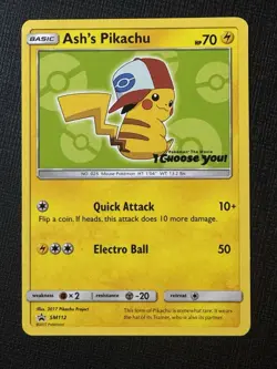 Pokemon TCG Ash's Pikachu SM112 Special Promo Card LP Condition - Image 1