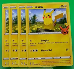 4x Pikachu 2022 Trick Or Trade Halloween Stamp Pokemon TCG Holiday 049/203 - Image 1