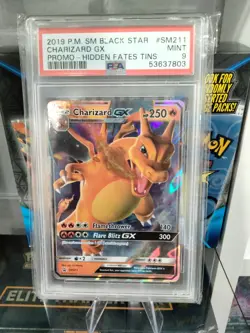 PSA 9 GEM MINT Charizard GX Hidden Fates Promo Tin Full Art Holo Pokemon #SM211 - Image 3