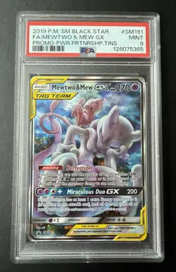 2019 Pokemon SM Black Star Promo Mewtwo & Mew GX FA #SM191 PSA 9 Mint - Image 1