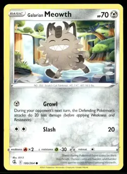 2021 Fusion Strike Set Pokemon Card 180 Galarian Meowth NM - Image 1