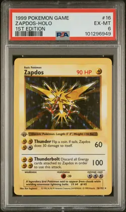 Zapdos 016/102 Base Set 1st Ed. (Shadowless) Holo PSA 6 - Vintage Pokemon Card - Image 1
