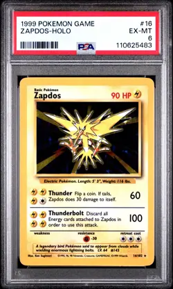1999 POKEMON BASE SET UNLIMITED #16 ZAPDOS-HOLO PSA 6 - Image 1