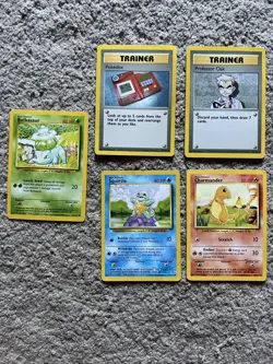 Lot Of 5 Pokemon Cards Base Set Bulbassaur Squirtle Charmander Prof Oak Pokedex - Image 1
