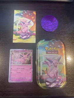 Costco Espeon Prismatic Tin, Espeon 033 Promo Holo, Fact Card & Espeon Coin - Image 1