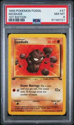 1999 POKEMON FOSSIL 1ST ED #47 GEODUDE PSA 8 - Image 1