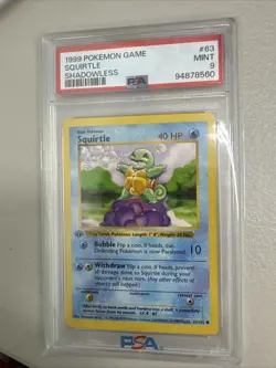 1999 Pokemon Game SQUIRTLE 1st Edition #63 PSA 9 MINT *mislabeled* Shadow Stamp - Image 1