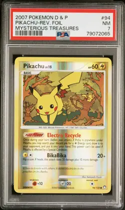 PSA 7 NM Pikachu Reverse Holo 94/123 D&P Mysterious Treasures Pokemon Card - Image 1