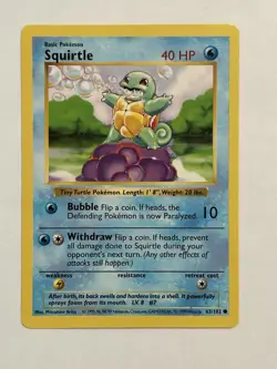 Pokemon Squirtle TCG Base Set Shadowless Common Card 63/102 - Image 1