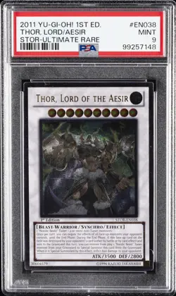2011 YU-GI-OH! STOR-STORM OF RAGNAROK #EN038 THOR, LORD OF THE AESIR PSA 9 - Image 1