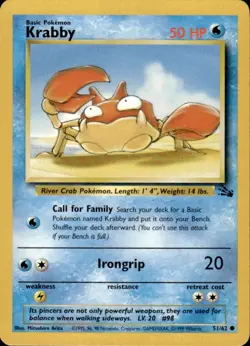Krabby Fossil Base Set 51/62 Common Pokemon Card NM BC - Image 1
