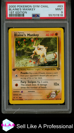 BLAINE'S MANKEY POKEMON NON-HOLO GYM CHALLENGE 63 1ST EDITION 2000 ENGLISH PSA 9 - Image 1