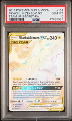2019 POKEMON SUN & MOON TEAM UP SECRET #184 FULL ART/PIKACHU & ZEKROM GX PSA 10 - Image 1