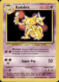 Kadabra Base Set 32/102 Uncommon Pokemon Card Unlimited Edition NM BC - Image 1