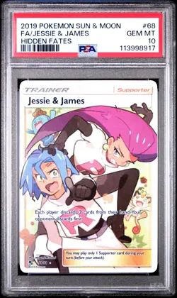 2019 POKEMON SUN & MOON HIDDEN FATES #68 FULL ART/JESSIE & JAMES PSA 10 - Image 1