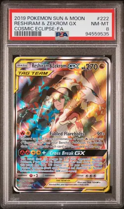 2019 POKEMON SUN & MOON COSMIC ECLIPSE #222 FULL ART/RESHIRAM & ZEKROM GX PSA 8 - Image 1