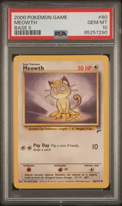 Meowth 80/130 Pokemon Card PSA 10 GRADED GEM MINT TCG 2000 Base Set 2 VINTAGE - Image 1