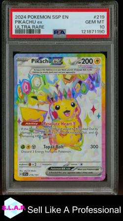 PIKACHU EX ULTRA RARE POKEMON SSP EN-SURGING SPARKS 2024 219 PSA 10 - Image 1