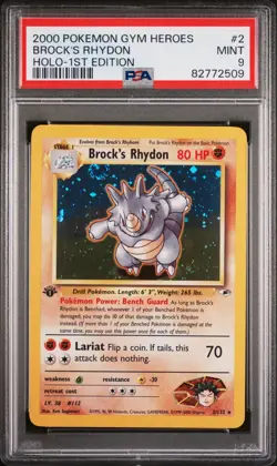 Pokemon 1st Edition Brock's Rhydon 2/132 PSA 9 Mint Gym Heroes Holo *Swirl!* - Image 1