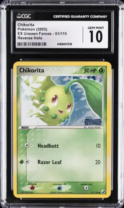 2005 POKEMON EX UNSEEN FORCES - REVERSE HOLO #51/115 CHIKORITA CGC 10 GEM MINT - Image 1