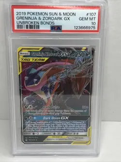 2019 Pokemon Sun & Moon Unbroken Bond Greninja & Zoroark GX Tag Team PSA 10 - Image 1