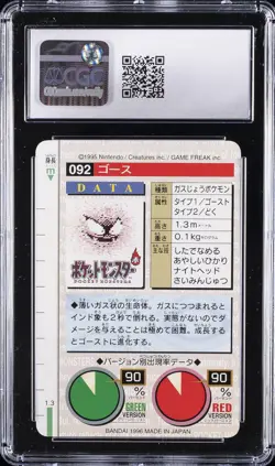 1996 BANDAI CARDDASS POKEMON - PART 2, GREEN CARD #NO. 092 GASTLY CGC 7.5 - Image 2