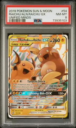 2019 POKEMON SUN & MOON UNIFIED MINDS #54 RAICHU & ALOLAN RAICHU GX PSA 8 - Image 1