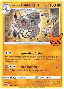 Galarian Runerigus 102/192 Trick Or Trade BOOster Stamped Pokemon Trading 2023 - Image 1