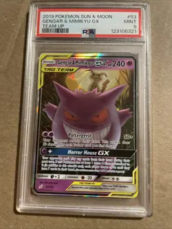 2019 Pokemon Sun and Moon Team Up Gengar Mimikyu GX Card 53/181 PSA 9 Mint - Image 1