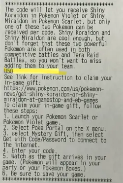 Pokemon Shiny Koraidon or Shiny Miraidon GameStop Receipt Code Card Unused - Image 1