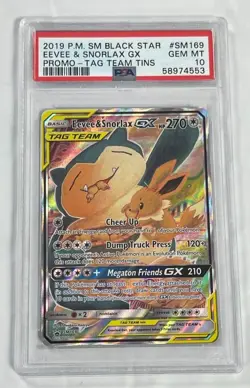 2019 POKEMON SM BLACK STAR EEVEE & SNORLAX GX PROMO TAG TEAM TINS #SM169 PSA 10. - Image 1