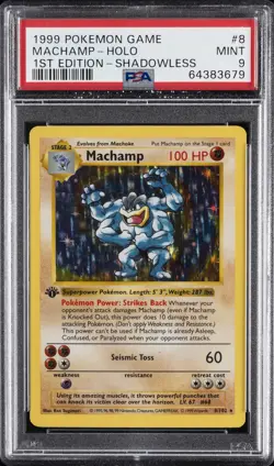 1999 POKEMON BASE SET 1ST EDITION-SHADOWLESS #8 MACHAMP-HOLO PSA 9 - Image 1