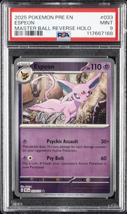 2025 POKEMON PRE EN-PRISMATIC EVOLUTIONS MASTER BALL REVERSE HOLO ESPEON PSA 9 - Image 1
