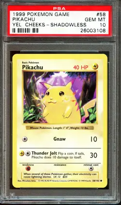 PSA 10 GEM MINT Pikachu Base Set Yellow Cheeks Shadowless 58/102 Pokemon Card - Image 1