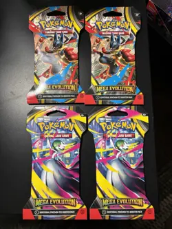 POKEMON MEGA EVOLUTIONS BLISTER LOT OF FOUR (4) SLEEVED NEW SEALED! TCG BOOSTER! - Image 1