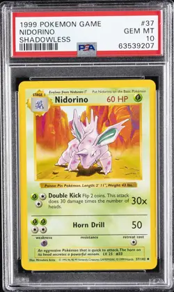 1999 POKEMON BASE SET SHADOWLESS #37 NIDORINO PSA 10 - Image 1