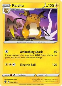 Raichu 050/195 Non Holo Uncommon Silver Tempest Pokemon Card NM - Image 1