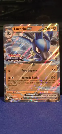 Lucario ex 051 Pokemon Prismatic Evolutions Stamped Cosmos Holo Promo Card NM+ - Image 1