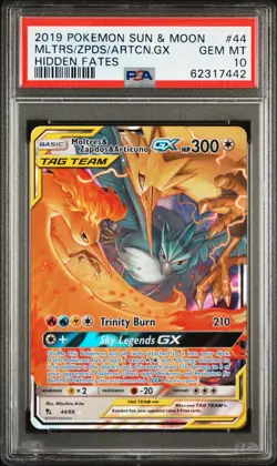 2019 POKEMON SUN & MOON HIDDEN FATES #44 MOLTRES & ZAPDOS & ARTICUNO GX PSA 10 - Image 1