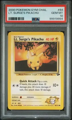 2000 Pokemon Gym Challenge # 84 Lt. Surge’s Pikachu PSA 10 GEM MINT! Unlimited - Image 1