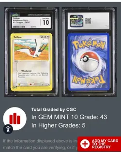 Taillow Pokemon Card (2003) EX Dragon 76/97 CGC Gem Mint 10 - Image 3