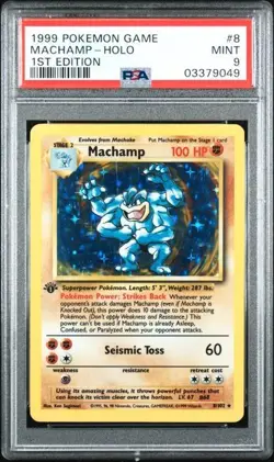 1999 Pokemon Base 1st First Edition #8 Machamp Holo Card GRADED PSA 9 MINT - Image 1