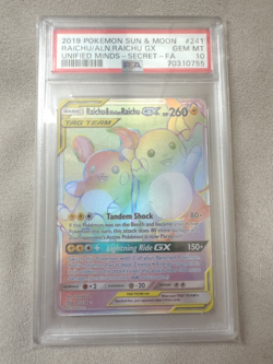 PSA 10 2019 Pokemon Unified Minds Raichu/Alolan Raichu GX #241 Secret Full Art - Image 1
