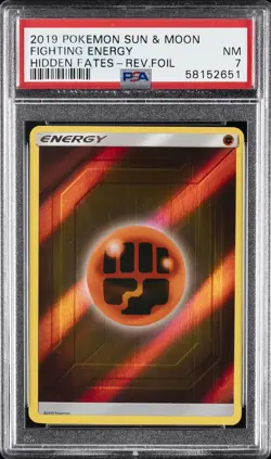 2019 POKEMON SUN & MOON HIDDEN FATES FIGHTING ENERGY-REVERSE FOIL PSA 7 - Image 1