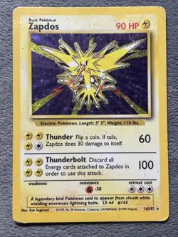 Zapdos 16/107 1999 Base Set Ken sugimori Holo Pokemon Card Rare Vintange WOTC - Image 1