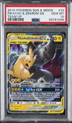 2019 POKEMON SUN & MOON TEAM UP #33 PIKACHU & ZEKROM GX PSA 10 - Image 1