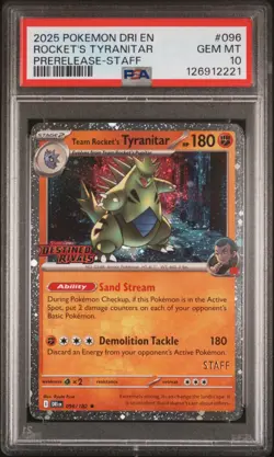 2025 POKEMON DESTINED RIVALS TEAM ROCKETS TYRANITAR STAFF #96 PSA 10 PRERELEASE - Image 1