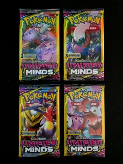 Pokemon Sun & Moon Unified Minds (4) 3-Card Booster Packs Art Set 2019 Sealed - Image 1