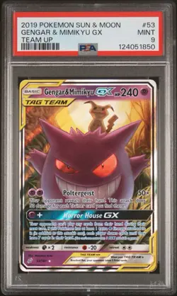 PSA 9 Gengar & Mimikyu GX #53 Pokemon 2019 Sun & Moon Team Up - Image 1