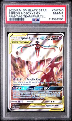 2020 POKEMON SM BLACK STAR PROMO TAG TEAM POWERS COLL ESPEON & DEOXYS GX PSA 8 - Image 1